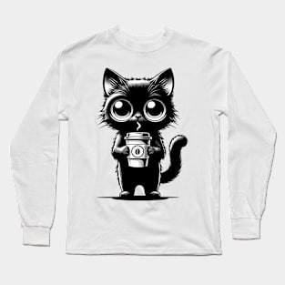 Cute Black Cat With Coffee Cup Chibi Kawaii Character Long Sleeve T-Shirt